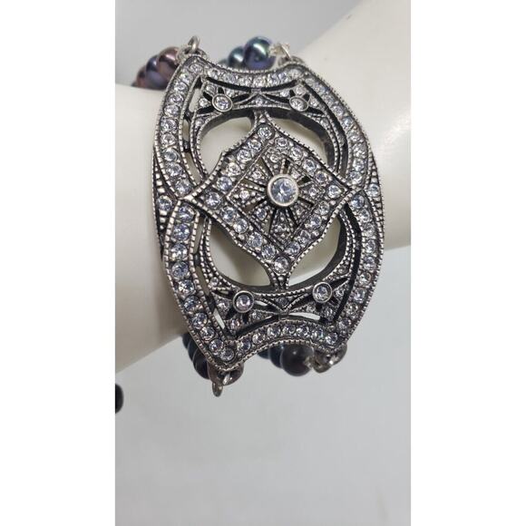 Haley Hill Bracelet Purple Gray Freshwater Pearl & Rhinestones Art Deco Signed - Picture 2 of 13